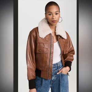 Stand Studio brown bomber Leather Jacket with Cream shearling Collar NWT